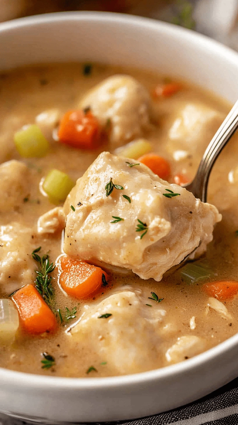 Fluffy gluten-free dumpling lifted from creamy chicken soup with carrots and celery