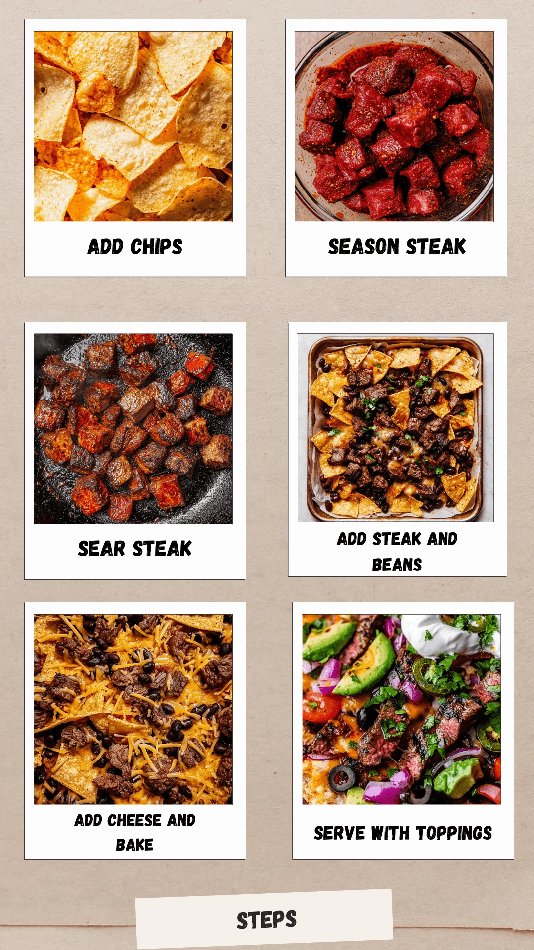 Step-by-step photo collage showing how to make steak nachos—add chips, season steak, sear, layer with beans and cheese, bake, and add toppings.