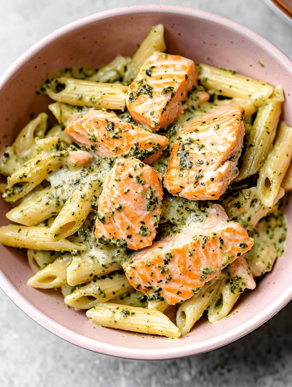 Close-up top-down image of creamy pesto penne pasta with seared salmon chunks in a pink bowl on a light gray surface.