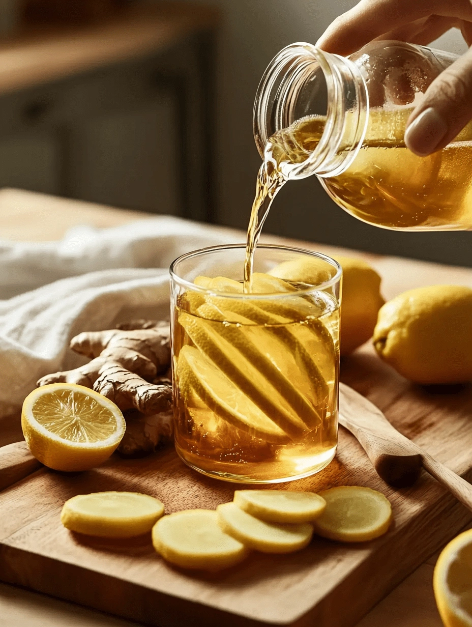 Pouring herbal lemon-ginger drink into a glass filled with lemon slices on a rustic wooden board.