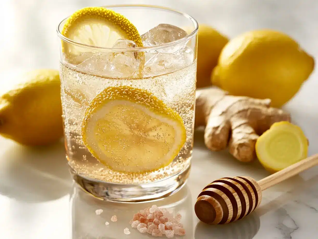 4 Ingredient Mounjaro Recipe – Step-by-step process showing lemon, ginger, and honey being mixed into a detox drink