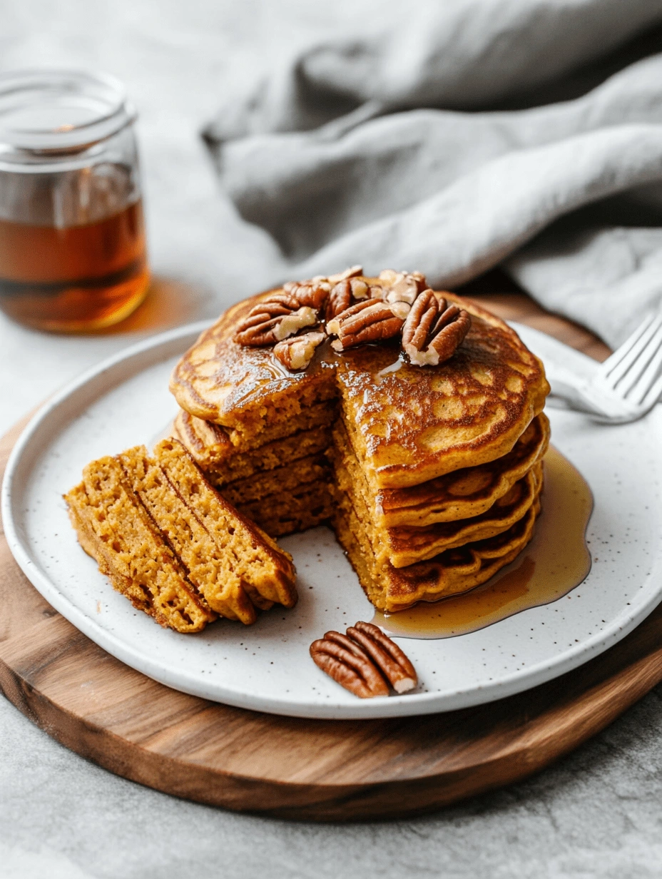 Pumpkin pancake stack with slices fanned out on a plate and maple syrup in the background