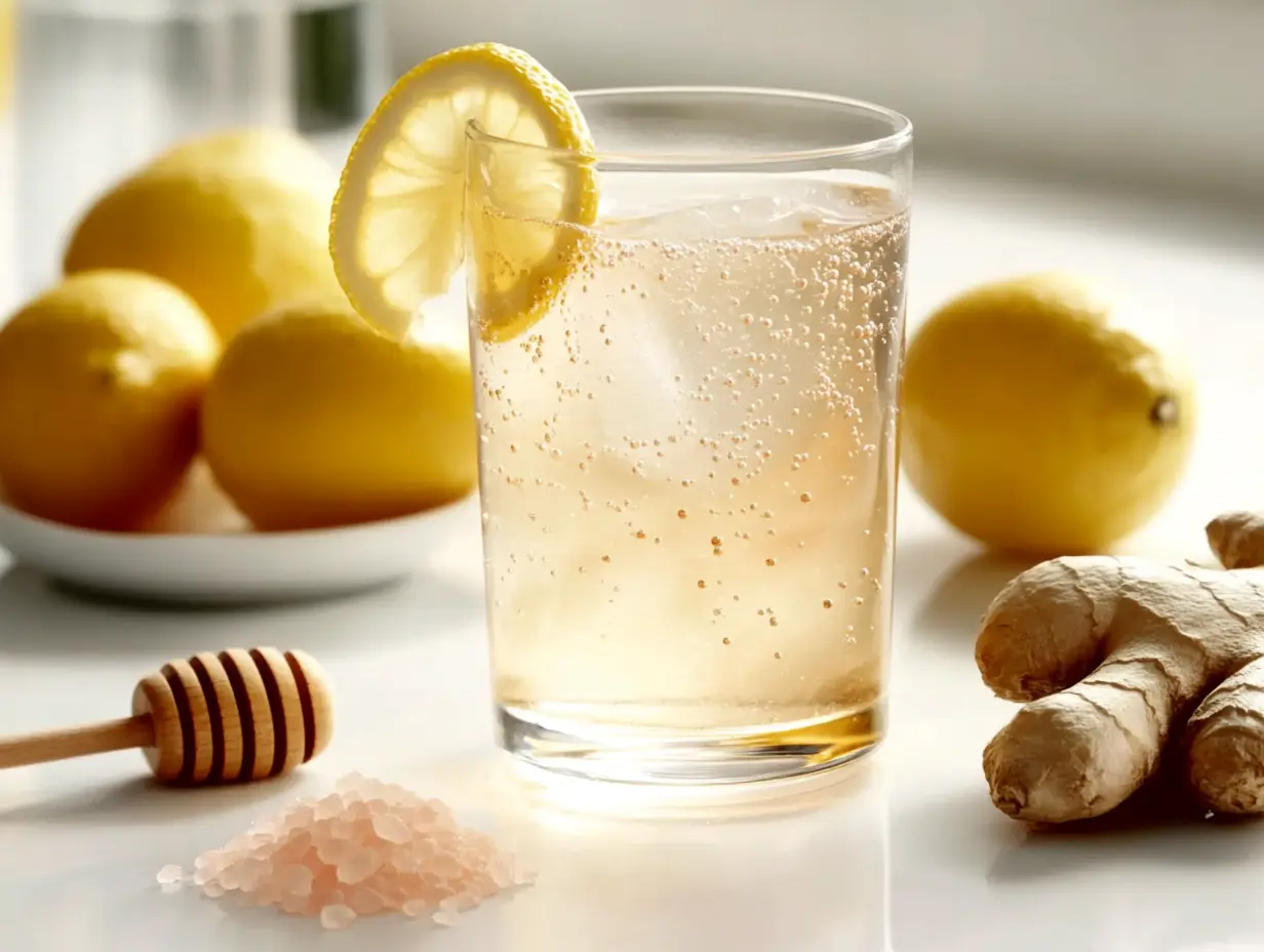 4 Ingredient Mounjaro Recipe – Step-by-step process showing lemon, ginger, and honey being mixed into a detox drink