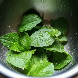 Freshly washed lemon balm leaves with water droplets in a metal bowl, always showing Lemon Balm for Weight Loss prep.