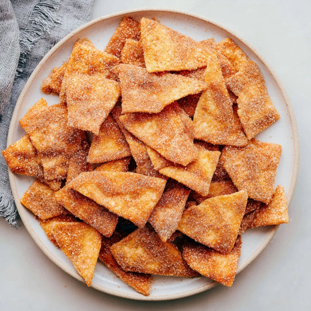 A bowl of homemade cinnamon sugar chips, sprinkled with cinnamon and sugar.