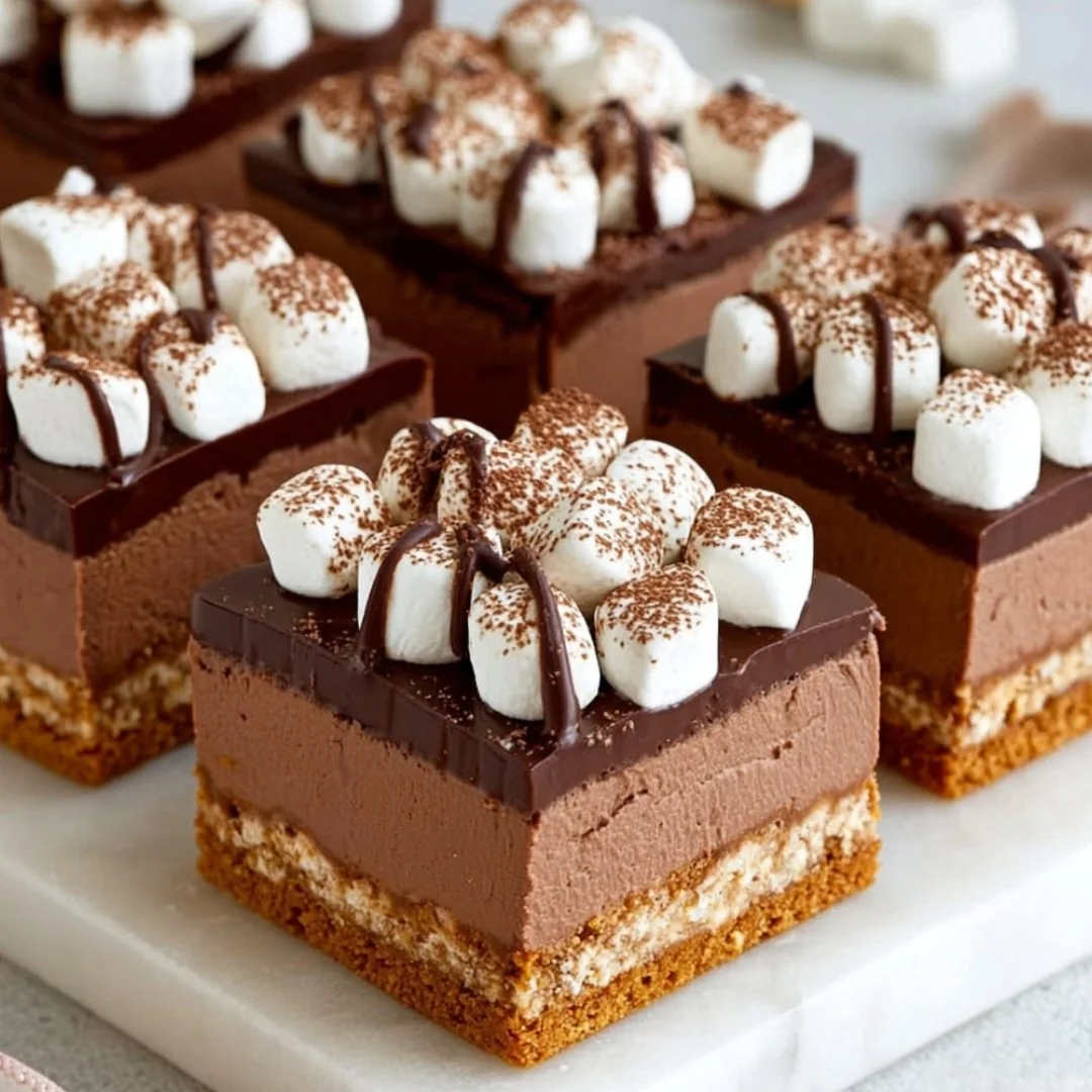 Delicious hot chocolate cheesecake bars topped with whipped cream and chocolate.
