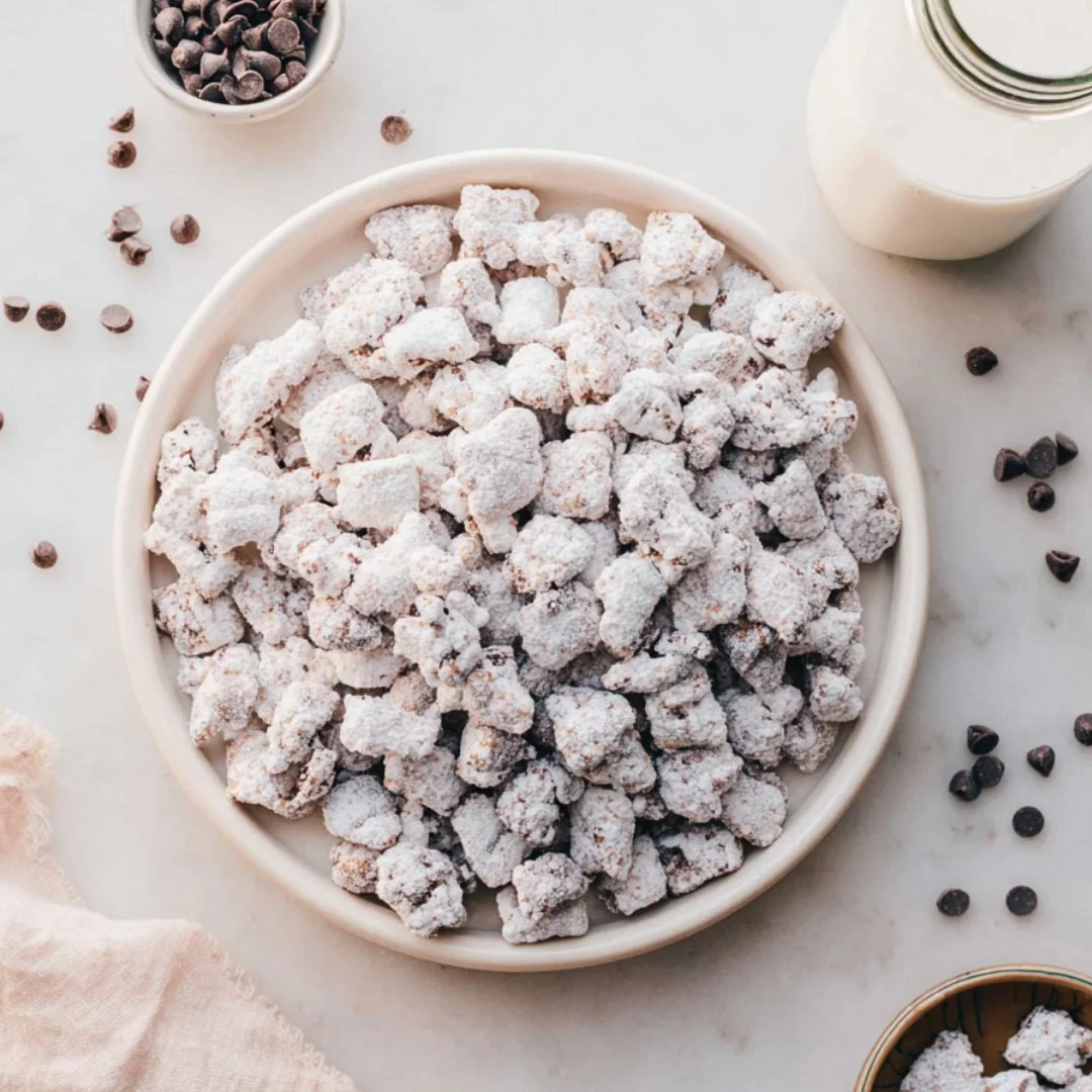 Bowl of irresistible Popcorn Puppy Chow snack mix