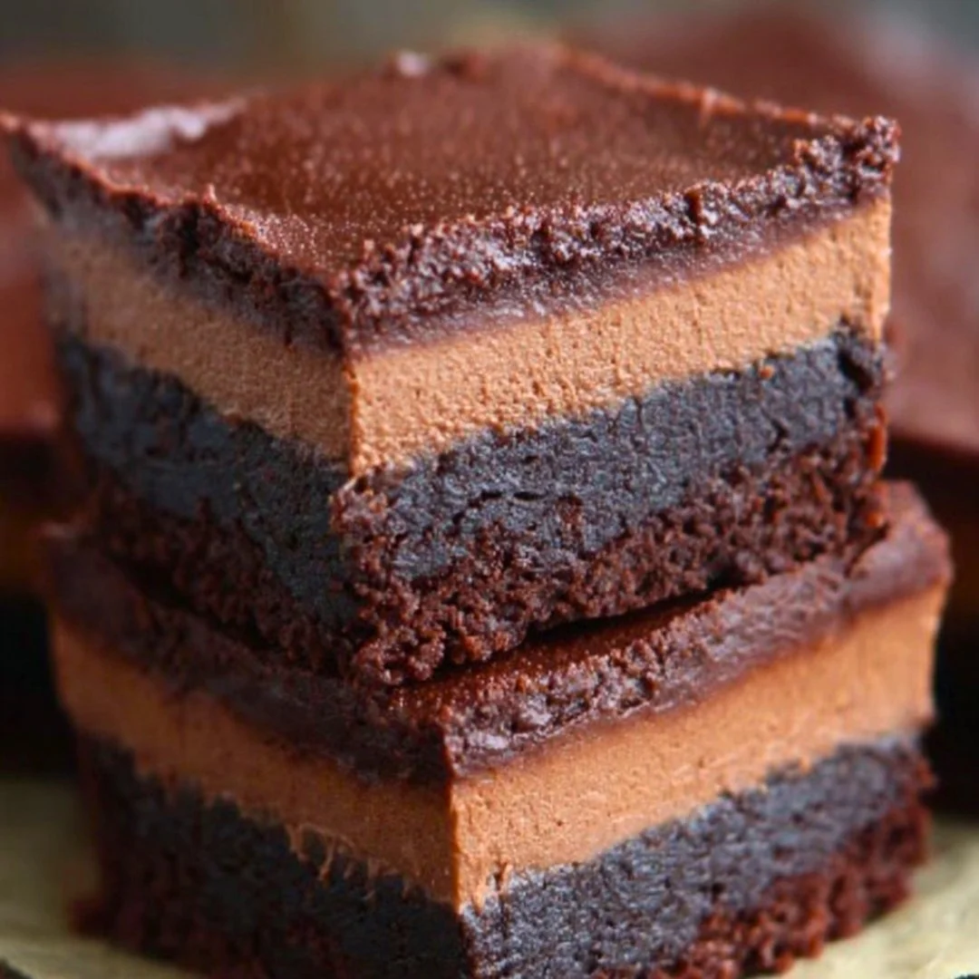 Delicious Chocolate Mousse Brownies topped with chocolate ganache