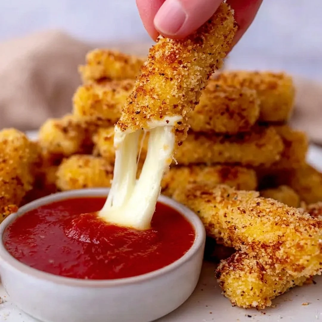 Crispy Air Fryer Mozzarella Sticks served with marinara sauce