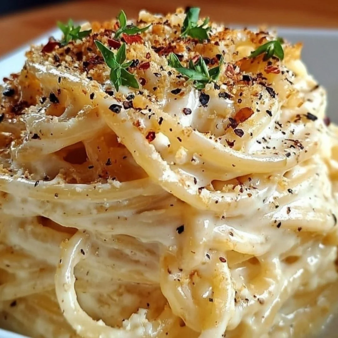 Cream cheese spaghetti served in a bowl with fresh herbs