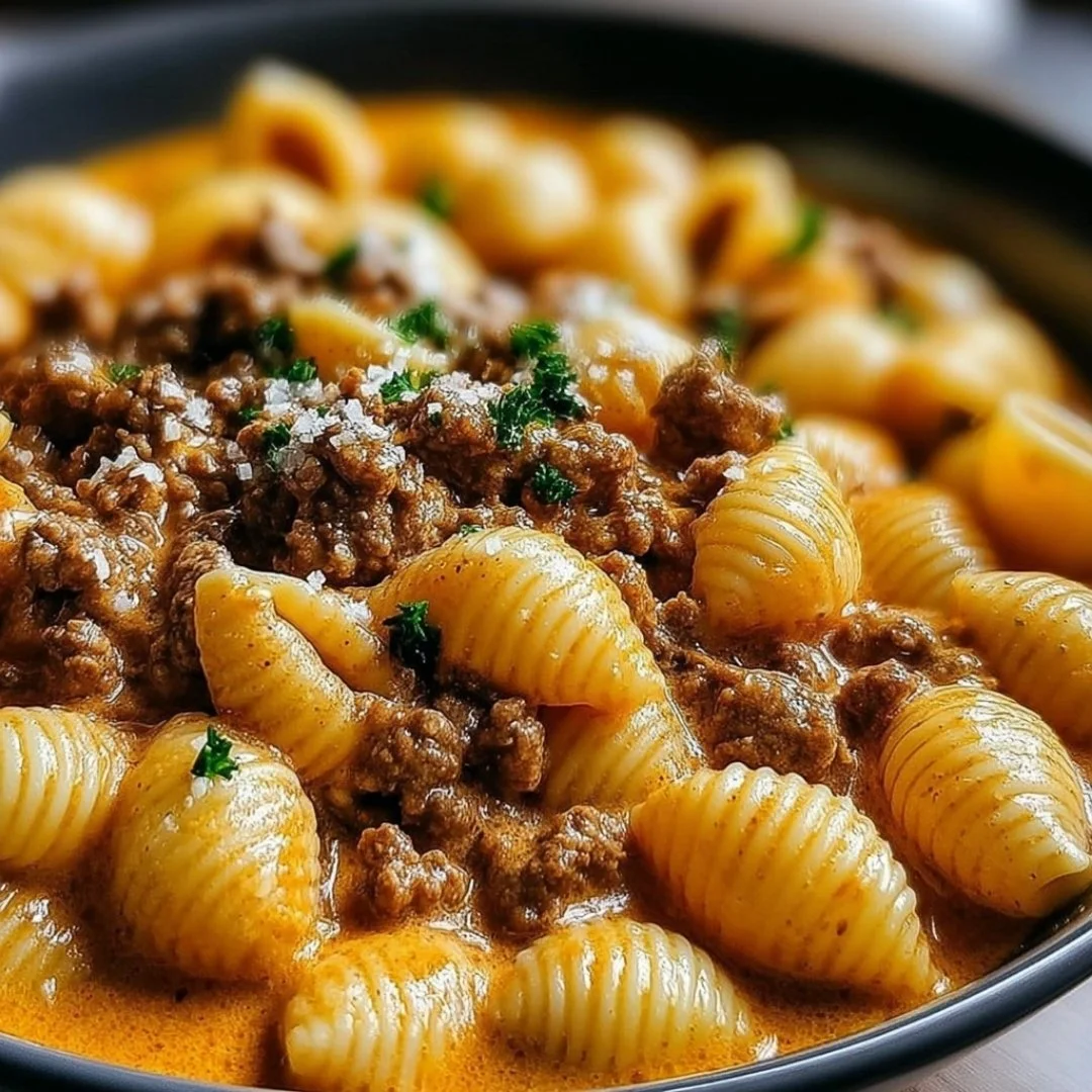 Creamy beef and shells pasta dish served with herbs
