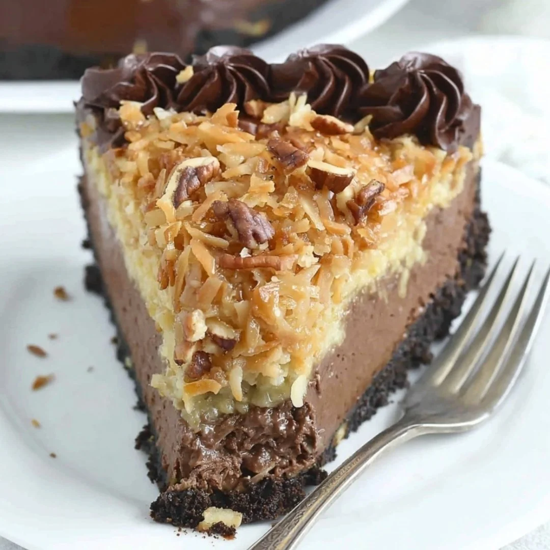 Delicious slice of German Chocolate Cheesecake with chocolate layers and coconut topping
