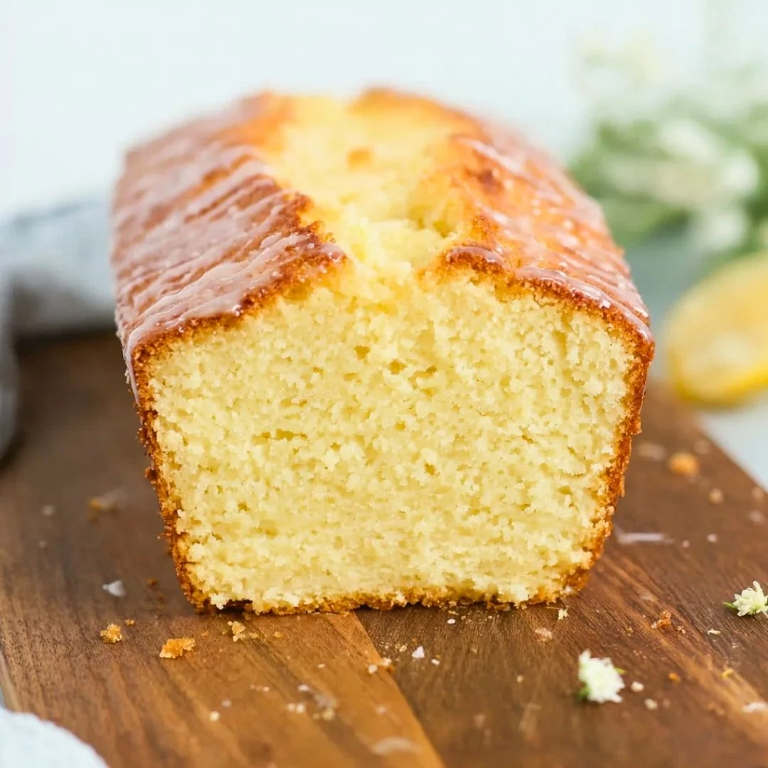 Lemon Sourdough Discard Cake garnished with lemon slices and powdered sugar