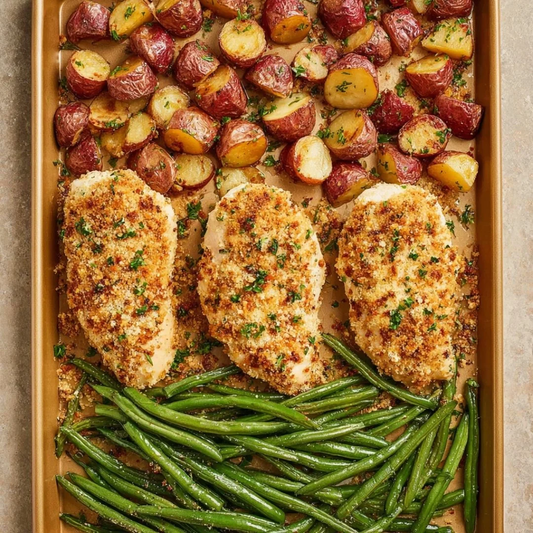Delicious Parmesan Crusted Chicken on a sheet pan with vegetables