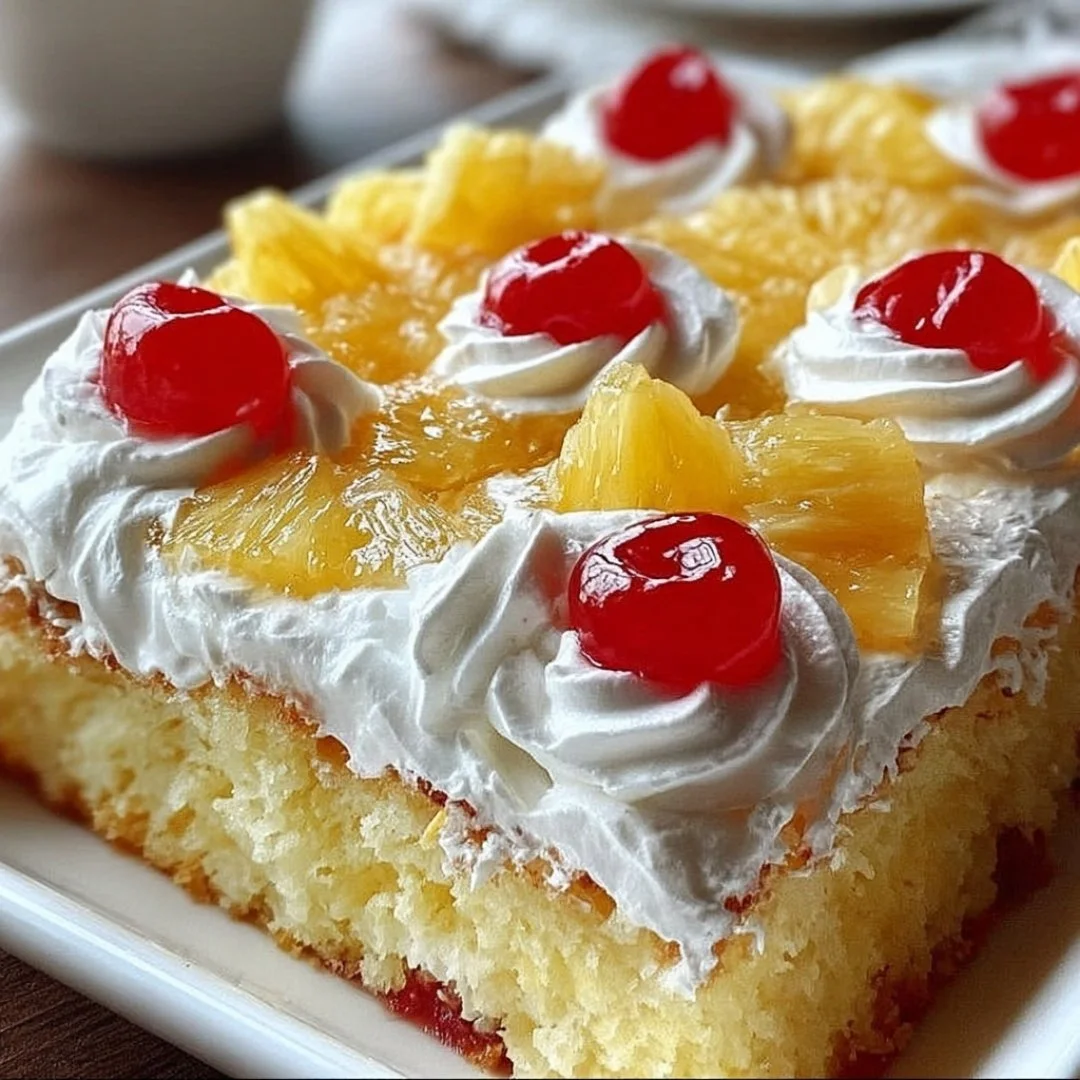 Delicious Pineapple Heaven Cake topped with fresh pineapple and creamy frosting.