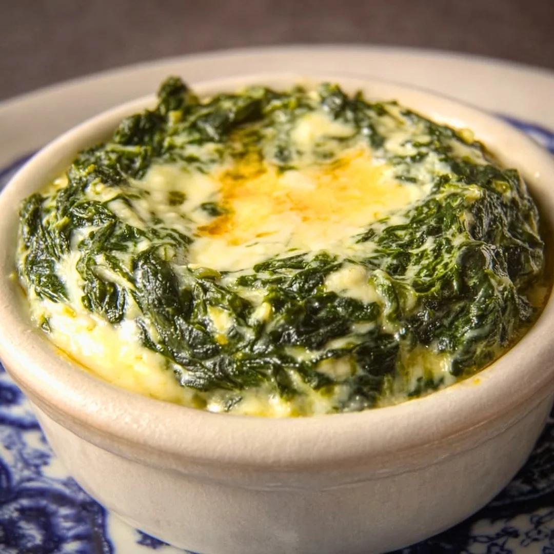 Delicious creamed spinach from Ruth's Chris Steak House served in a bowl.