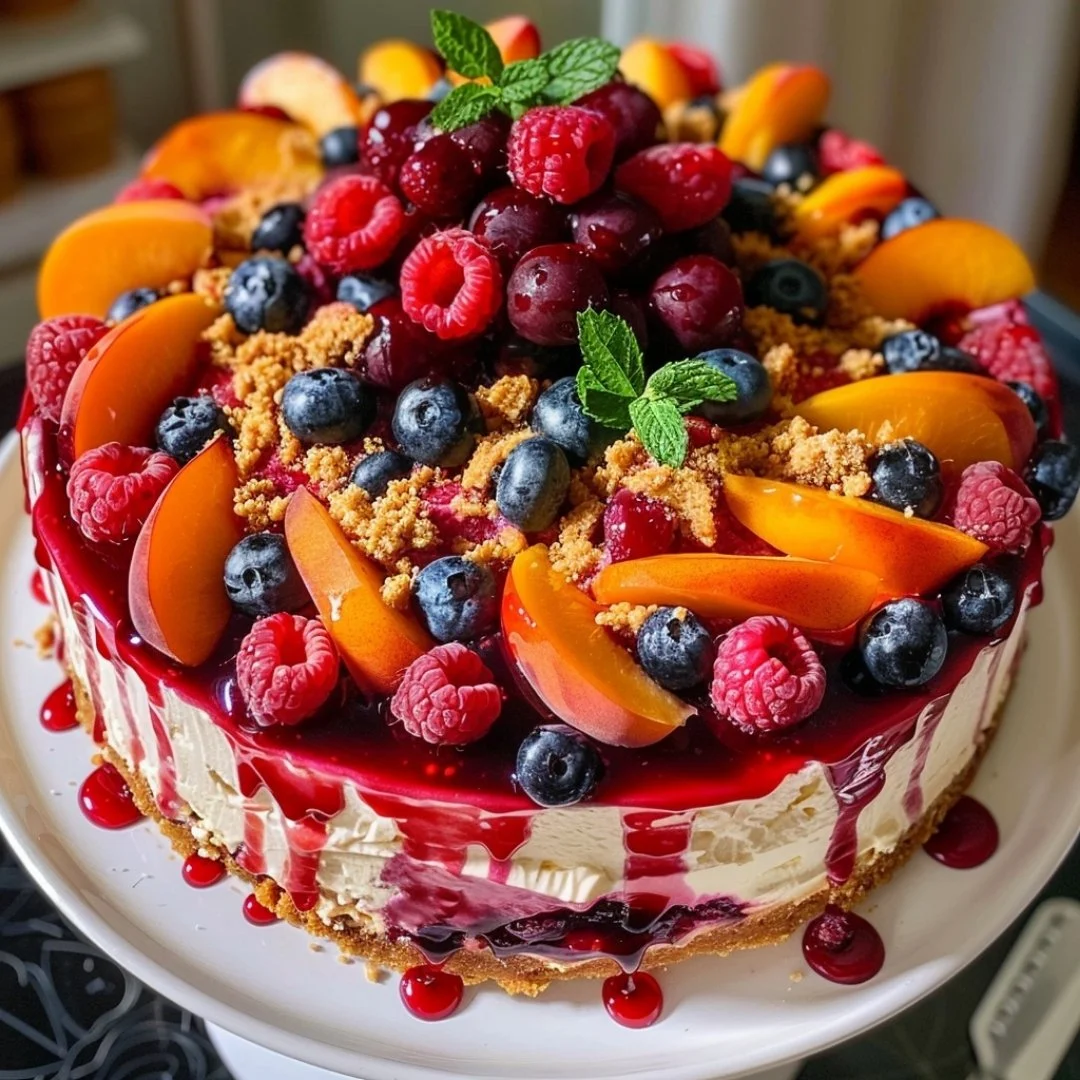 Delicious Berry Peach Cheesecake topped with fresh summer fruits