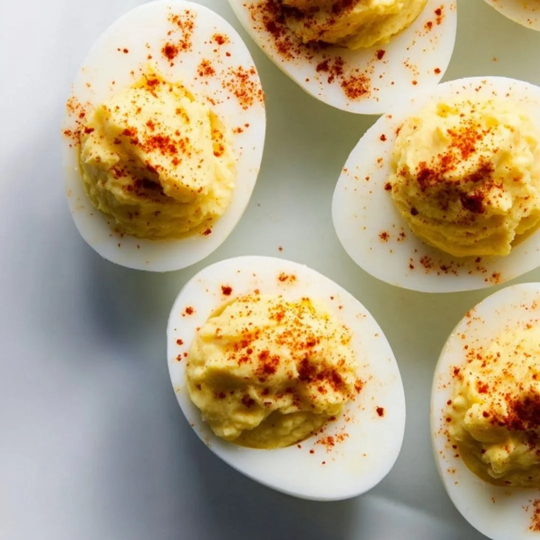 Plate of classic deviled eggs garnished with paprika and herbs
