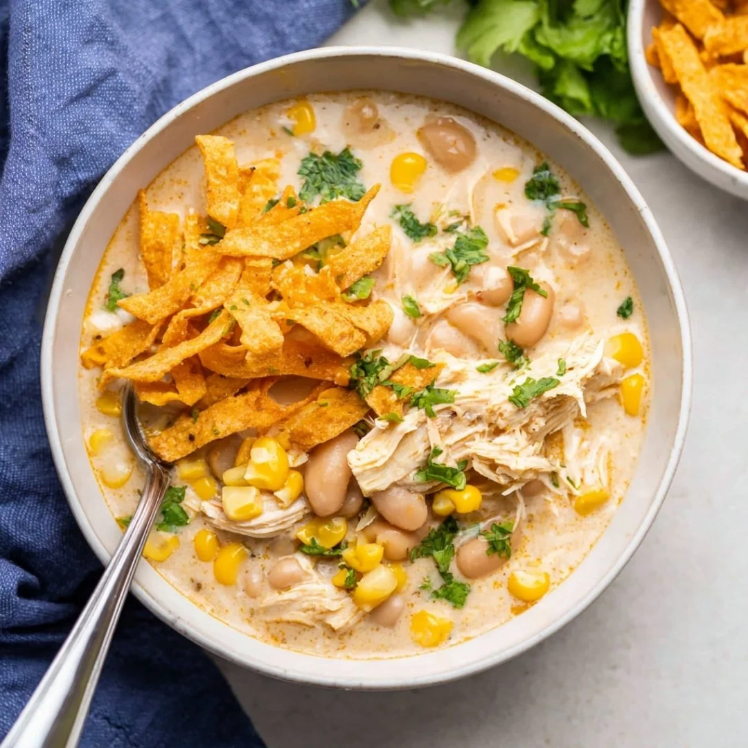 Delicious bowl of White Chicken Chili with tender chicken and beans.