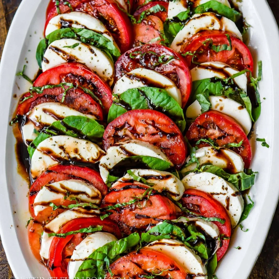 Delicious Caprese Salad with fresh tomatoes, mozzarella cheese, and basil leaves.