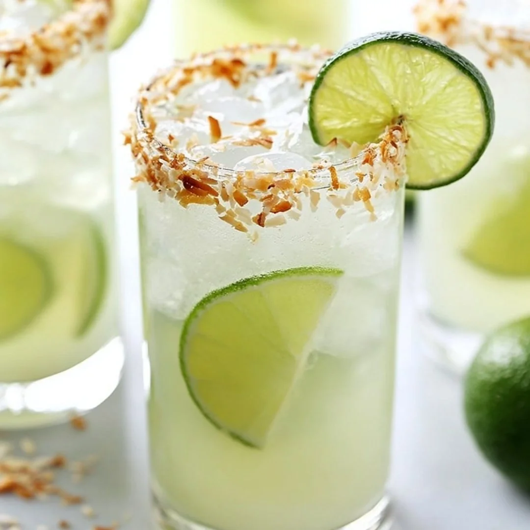 A refreshing Coconut Lime Refresher drink with lime slices and coconut garnish.