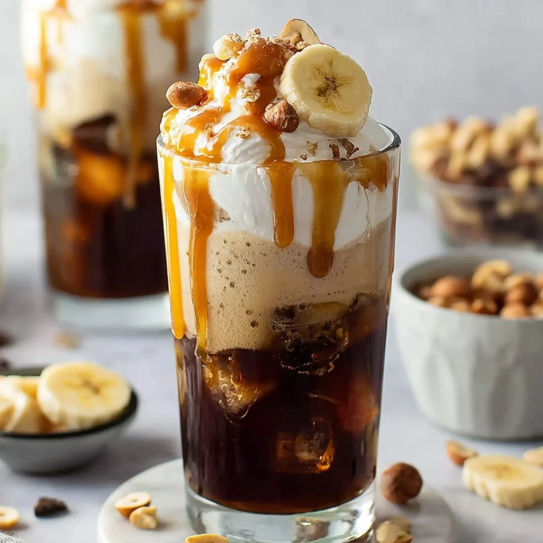 Creamy cold brew topped with caramelized bananas and macadamia cream