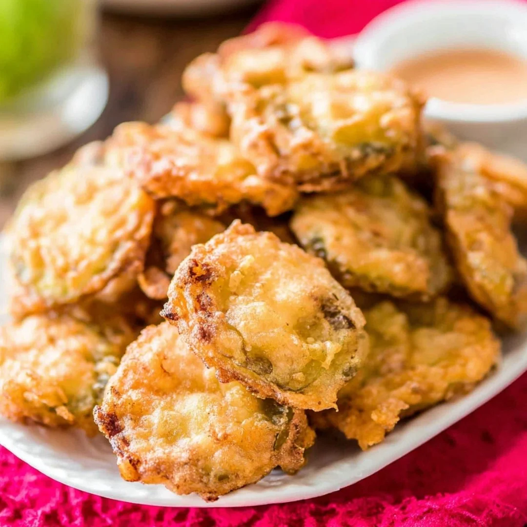 Bowl of crispy homemade fried pickles served with dipping sauce.