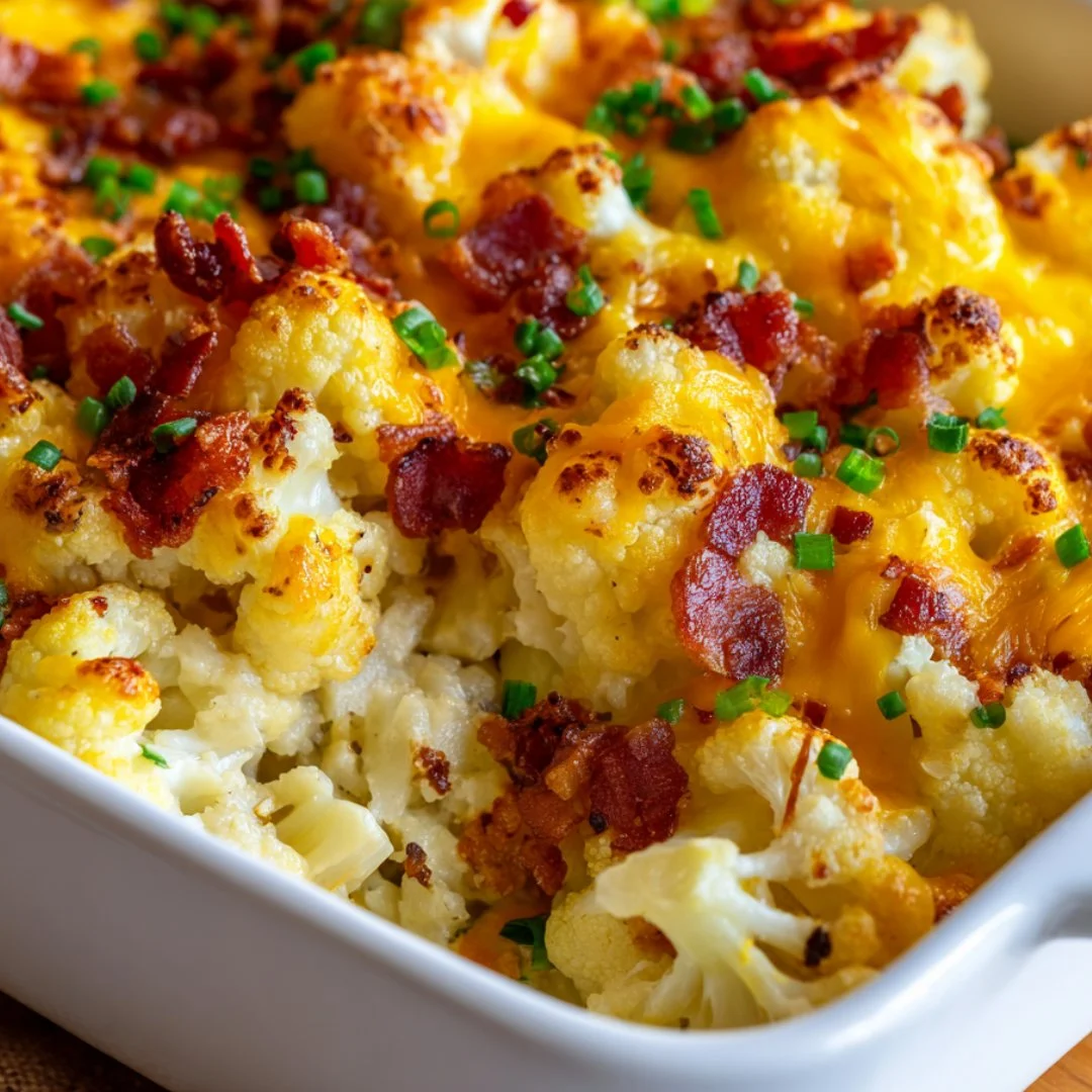 Keto Loaded Cauliflower Casserole topped with cheese and herbs