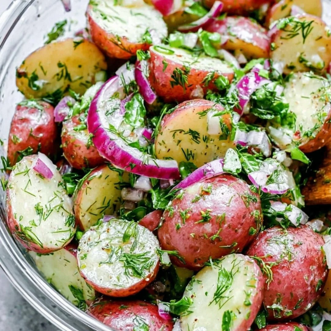 Delicious No Mayo Potato Salad with fresh herbs and vibrant colors