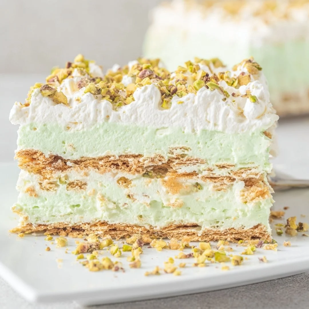 Delicious Pistachio Icebox Cake with layers of cream and nuts