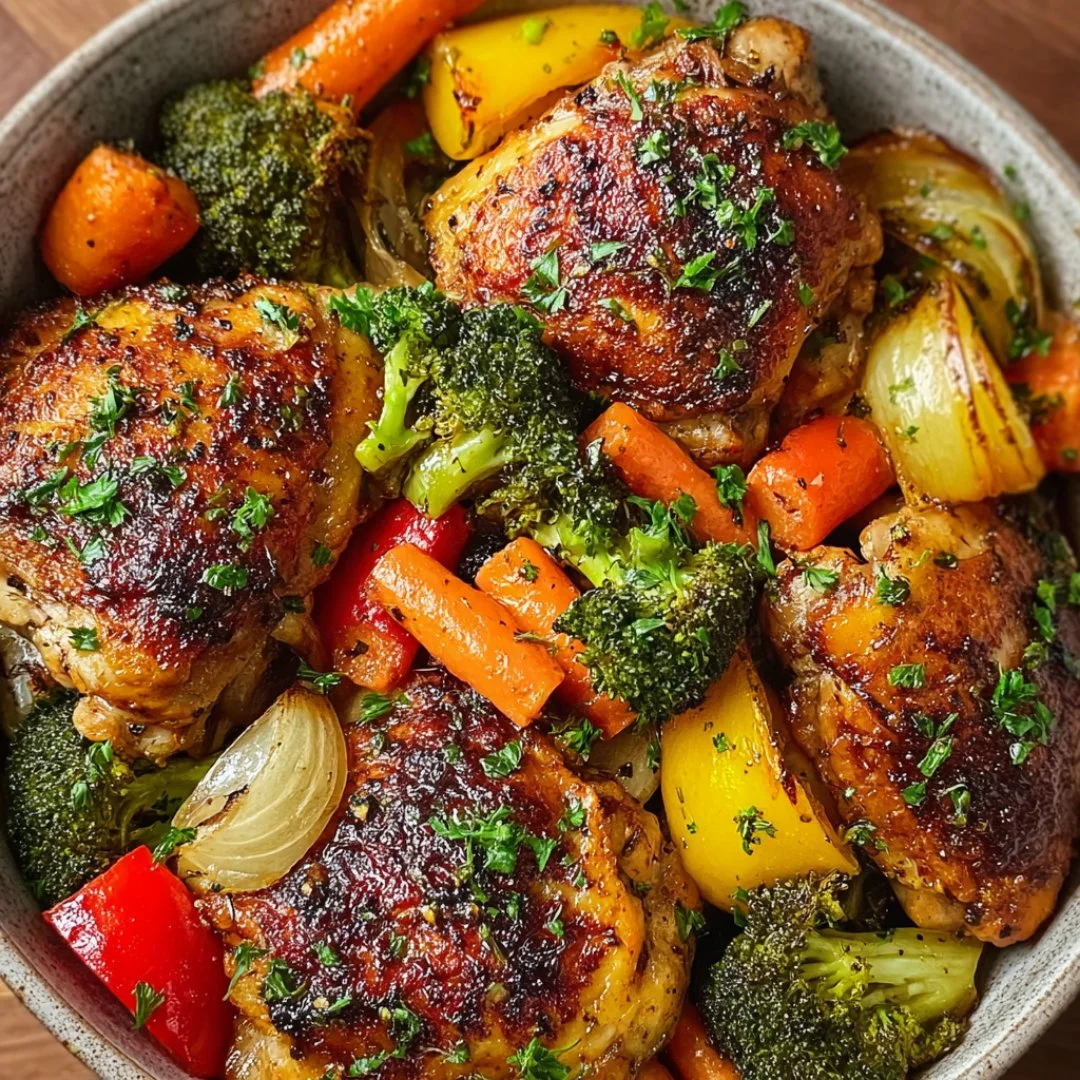 Plate of roasted garlic chicken with colorful vegetables