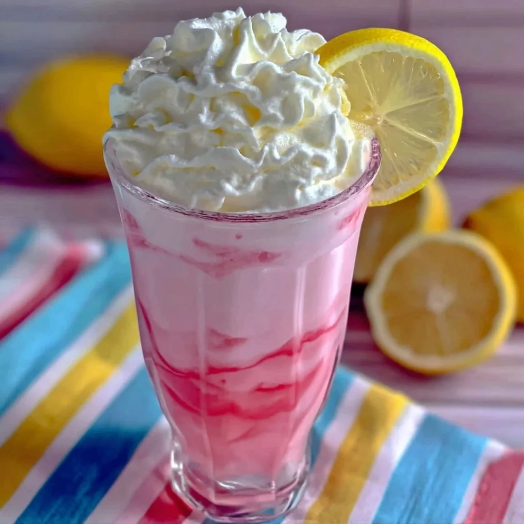 A refreshing glass of strawberries and cream lemonade garnished with fresh strawberries.