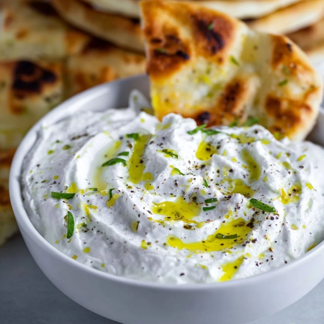Creamy Whipped Feta Dip served with fresh vegetables and pita bread
